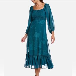 Taylor Teal Smocked Tiered Midi Dress Floral Large